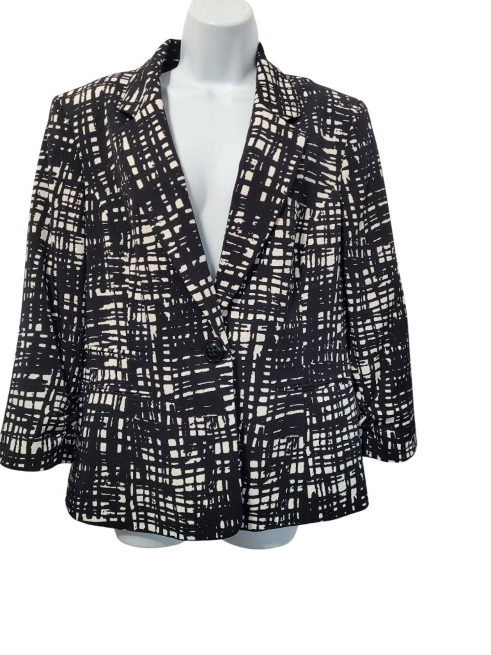 Kasper Separates Womens Blazer Size 18 Boxy 1-Button Grid Print Black/White Shir